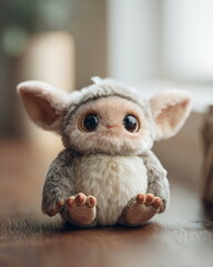 A high-resolution stock photo of a plush toy called Labuba, designed as a cute fantasy creature with soft pastel fur, big round embroidered eyes, small ears, and tiny plush paws