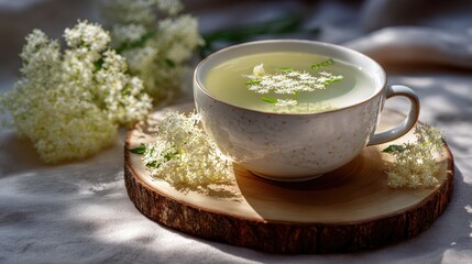 Elderflower Herbal Tea in a White Cup on Wooden Coaster