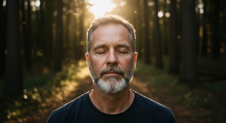 Middle-aged man meditating with eyes closed in serene forest