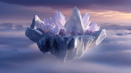 Floating Crystal Island in Purple and White Clouds at Sunset