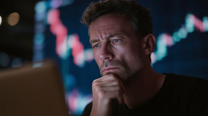 Professional Trader Monitoring Financial Markets on a Computer, Immersed in Cryptocurrency Charts, Stock Indexes, and Economic Graphs Forecasting a Potential Global Recession, Deep in Thought