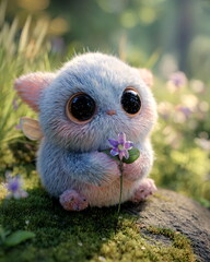 A high-resolution stock photo of a plush toy called Labuba, designed as a cute fantasy creature with soft pastel fur, big round embroidered eyes, small ears, and tiny plush paws