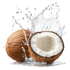 Whole and halved coconuts with splashing water whole coconut