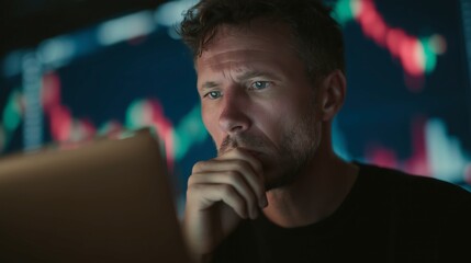 Professional Trader Monitoring Financial Markets on a Computer, Immersed in Cryptocurrency Charts, Stock Indexes, and Economic Graphs Forecasting a Potential Global Recession, Deep in Thought
