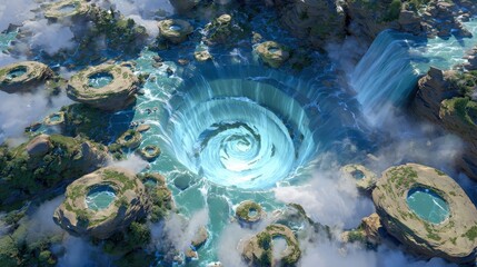 Aerial View of a Fantasy Landscape with a Blue Spiral Waterfall