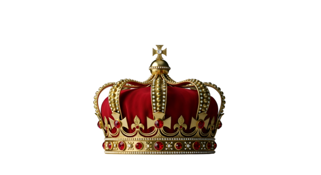 Royal Crown: Gold, Red Jewels, Transparent Background