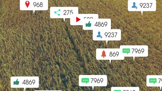 notification icons rising from bottom to top over crop field with tractor tracks, showing data flow
