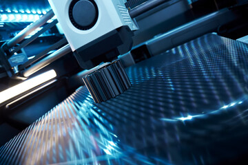 Advanced 3D Printer in Close-Up, Showcasing Intricate Details While Producing a Component in a...