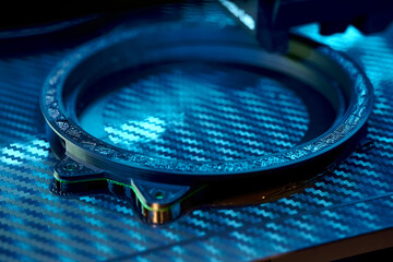 3D Printer Creating a Detailed Carbon Fiber Ring in a Modern Workspace Under Blue Light