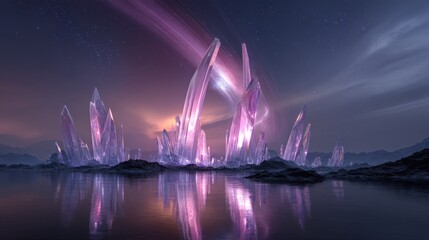 Glowing Purple Crystal Landscape Under a Starry Night Sky
