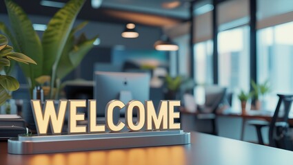 A prominent 'WELCOME' sign in illuminated letters, placed on a sleek desk.