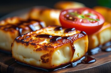 A beautifully arranged plate featuring grilled halloumi cheese, showcasing its golden-brown crust and melting interior.