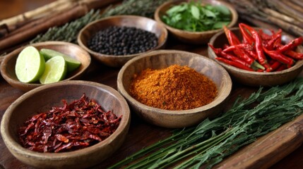 A close-up of a colorful assortment of Thai spices and condiments arranged on a wooden table, showcasing the rich flavors that define Thai cooking.