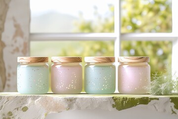 Four pastel-colored jars with wooden lids, arranged neatly on a textured stone surface.