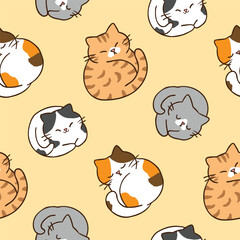 Seamless Pattern with Cartoon Cat Design on Yellow Background. Hand Drawn Vector Illustration.