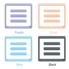 Minimalist 3d vector line icon set with the hamburger menu symbol. Color variants: purple, coral, blue and black. The icons are perfect for UI, apps, websites, presentations. Isolated.