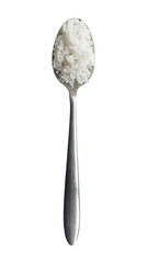 cooked rice on a silver spoon isolated