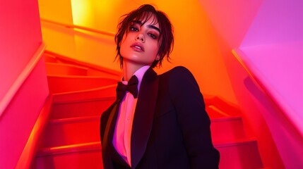 Elegant Tuxedo in Dramatic Neon Lighting