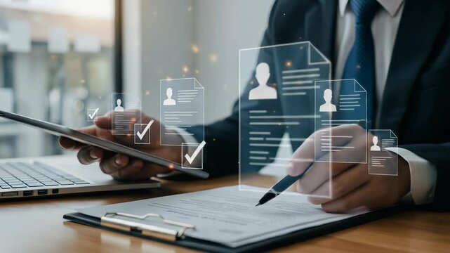 Recruitment manager reviewing digital resumes and job applications on a tablet, efficiently managing talent acquisition and hiring processes in a modern office.