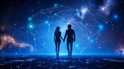 Couple Dancing in Cyber Tuxedo Under Digital Constellations