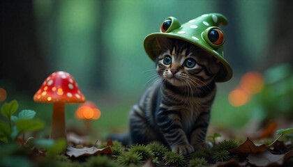 Tiny cat wearing a frog hat sitting on a leaf, bokeh background, high detail