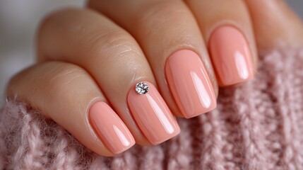 Soft peach nails with a glossy sheen and a single tiny silver stud, subtle and stylish