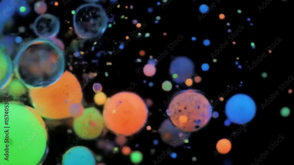 Poster abstract macro shot of vibrant colorful bubbles floating in dark space, creating a dynamic and visua