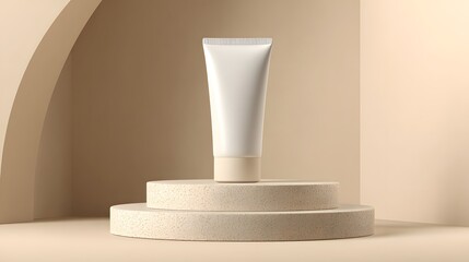 Beauty product cream tube mockup on beige podium for skincare advertisement