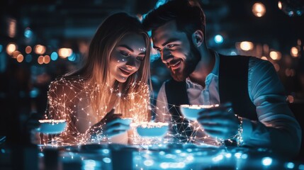 Couple Enjoying Themed Dinner Party with Cybernetic Lights