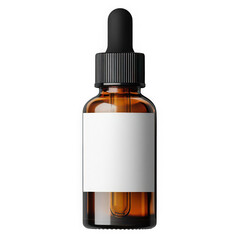 Amber glass dropper bottle with white label and black cap