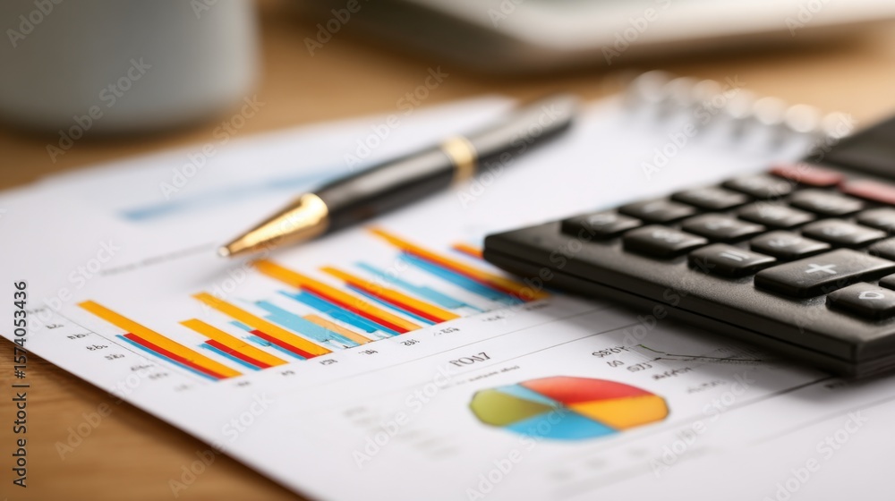 Poster a close-up of a printed financial report with a bar chart and a calculator on the desk.