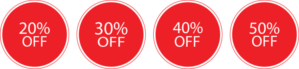 Sticker star burst, promo badge round shape. Special offer discount on red tags with different value percent off 20, 30, 40, and 50,  price reduction
