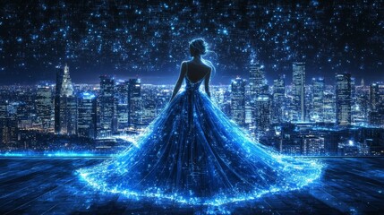 Woman in Glowing Tuxedo Style Dress Under Neon Lights
