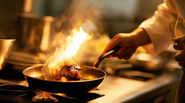 Chef skillfully cooking in a professional kitchen, flames rising from a sizzling pan, creating a dynamic scene