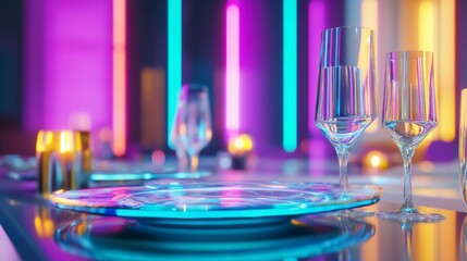 Elegant Dinner Party with Neon Lights and Holographic Plates
