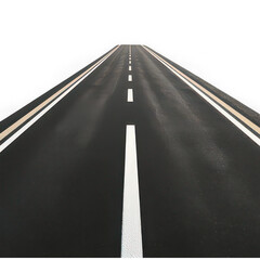 Asphalt highway with white and yellow lane markings receding into blackness