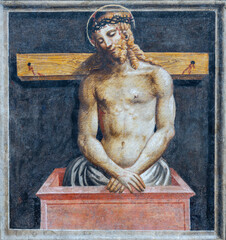 PIACENZA, ITALY - MAY 19, 2025: The fresco of death Jesus in the church Basilica di Santa Maria di...