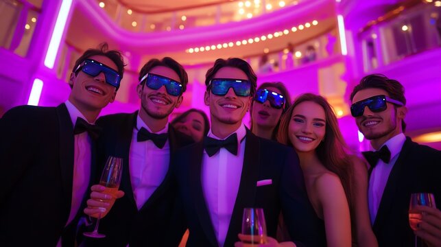 Elegant Party Scene with Guests in Tuxedos and Glasses