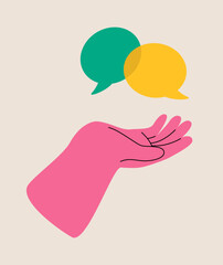 Conversation concept. Speech or text bubbles on human hand. Colorful vector illustration