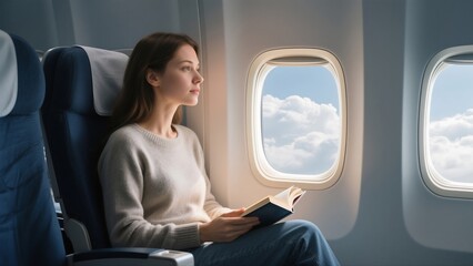 Woman Reading Book by Airplane Window Travel and Relaxation