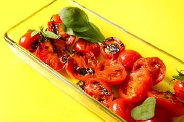 Baking dish with tasty grilled tomatoes and basil on yellow background