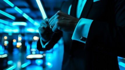 Sleek Tuxedo with Futuristic Lighting in Lounge