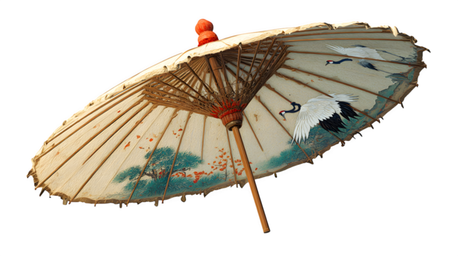 Japanese Paper Umbrella with Crane Design, isolated on transparent background