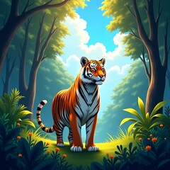 Striking Majestic Tiger in Jungle with Sunny Sky – International Tiger Day Illustration