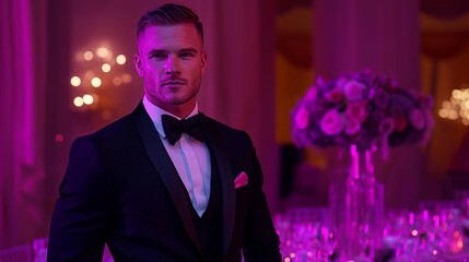 Elegant Man in High-Tech Tuxedo at Stylish Dinner Scene