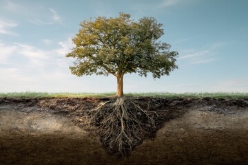 Tree stands tall above a rich earth layer showcasing vast roots in a serene landscape during daylight hours