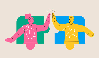 Unity. Man and woman working together to put together a jigsaw puzzle. Colorful vector illustration