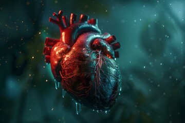 Realistic anatomical heart with arteries and veins, beating and covered in water drops, on a dark, moody background