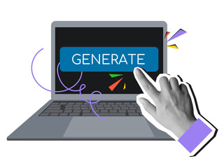 Black and white hand push the button with a text Generate on a laptop screen. Using of a artificial intelligence. Modern collage style. Illustration on transparent background