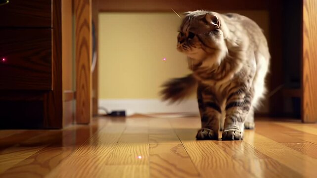 Fluffy Persian Cat Stalking Laser Pointer Dot on Polished Hardwood Floor with Warm Indoor Lighting